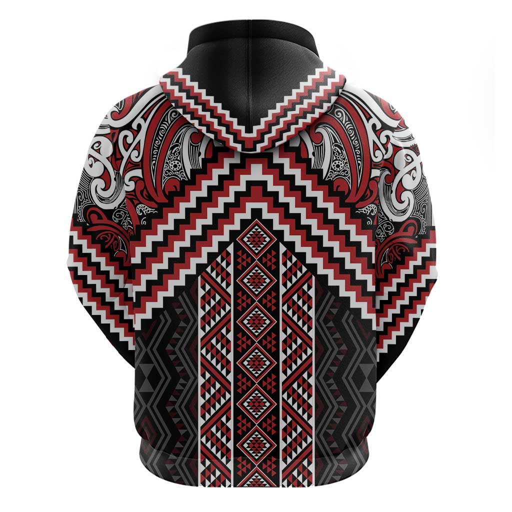 Maori Tukutuku Taniko Motifs Hoodie Red Poutama Mix Kowhaiwhai