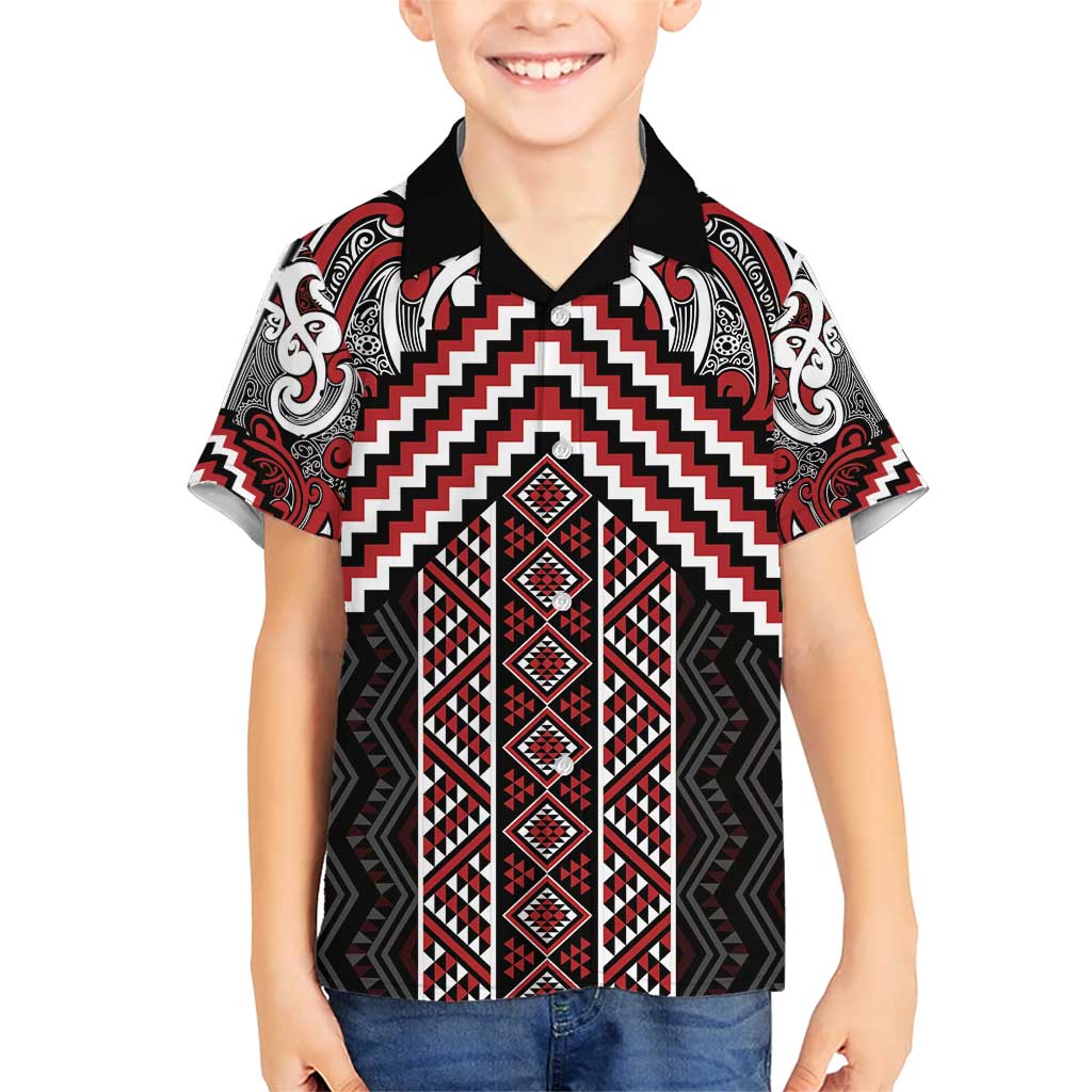 Maori Tukutuku Taniko Motifs Kid Hawaiian Shirt Red Poutama Mix Kowhaiwhai LT7 Kid Red - Polynesian Pride