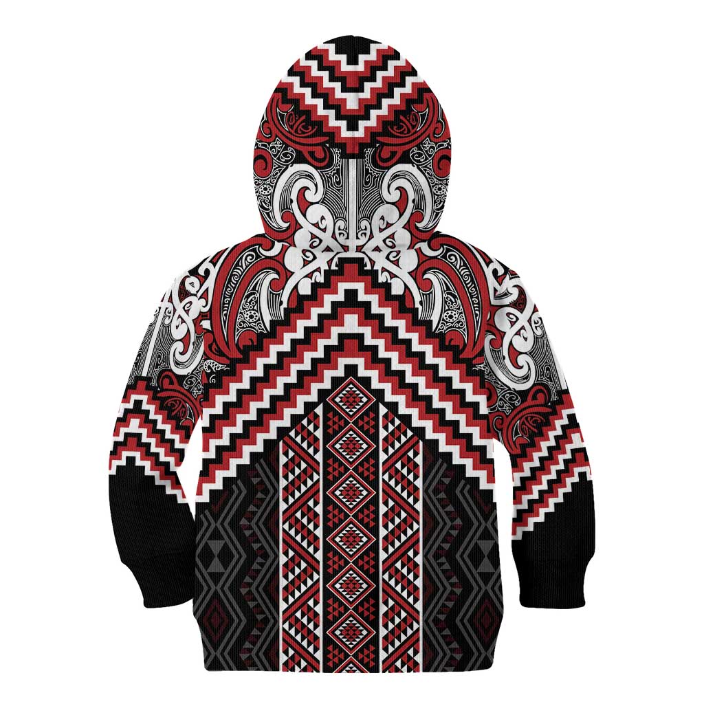 Maori Tukutuku Taniko Motifs Kid Hoodie Red Poutama Mix Kowhaiwhai