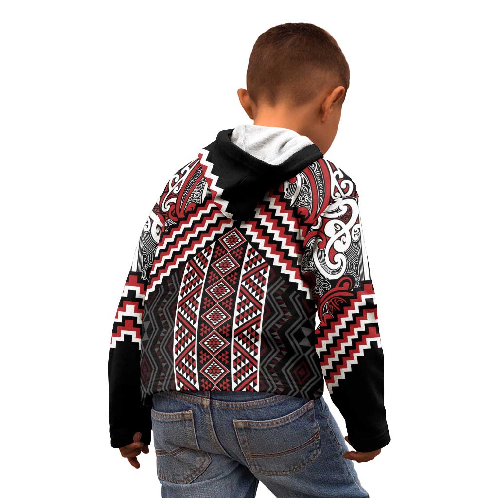 Maori Tukutuku Taniko Motifs Kid Hoodie Red Poutama Mix Kowhaiwhai