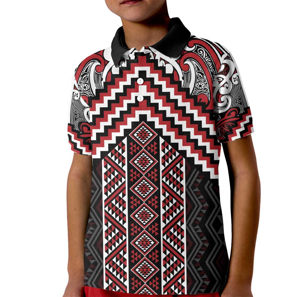 Maori Tukutuku Taniko Motifs Kid Polo Shirt Red Poutama Mix Kowhaiwhai LT7 Kid Red - Polynesian Pride
