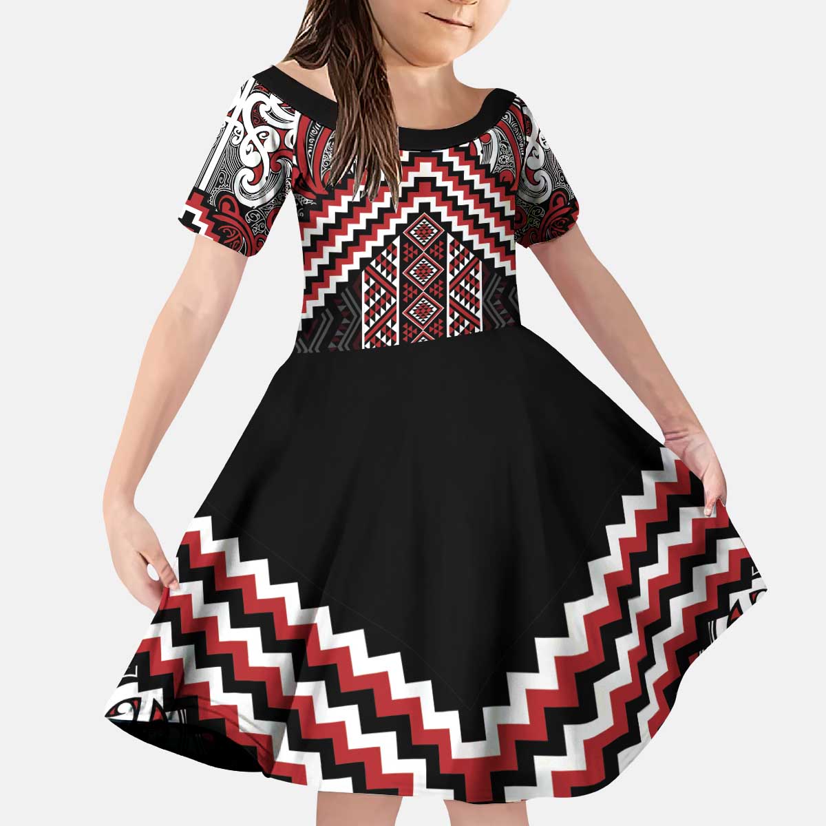 Maori Tukutuku Taniko Motifs Kid Short Sleeve Dress Red Poutama Mix Kowhaiwhai