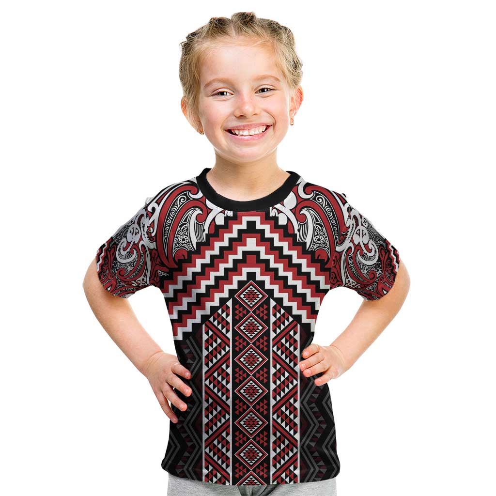 Maori Tukutuku Taniko Motifs Kid T Shirt Red Poutama Mix Kowhaiwhai LT7 Red - Polynesian Pride