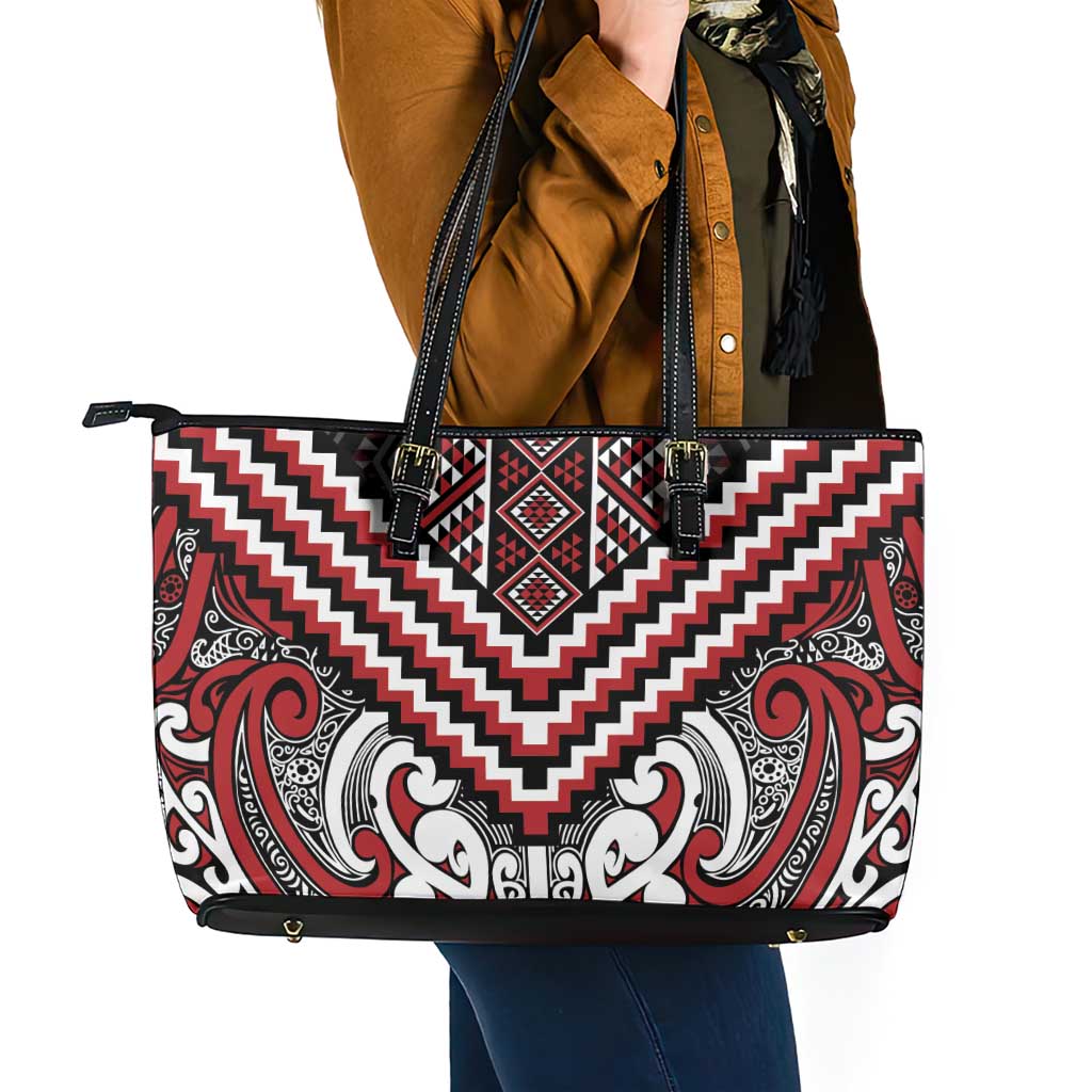 Maori Tukutuku Taniko Motifs Leather Tote Bag Red Poutama Mix Kowhaiwhai LT7 - Polynesian Pride