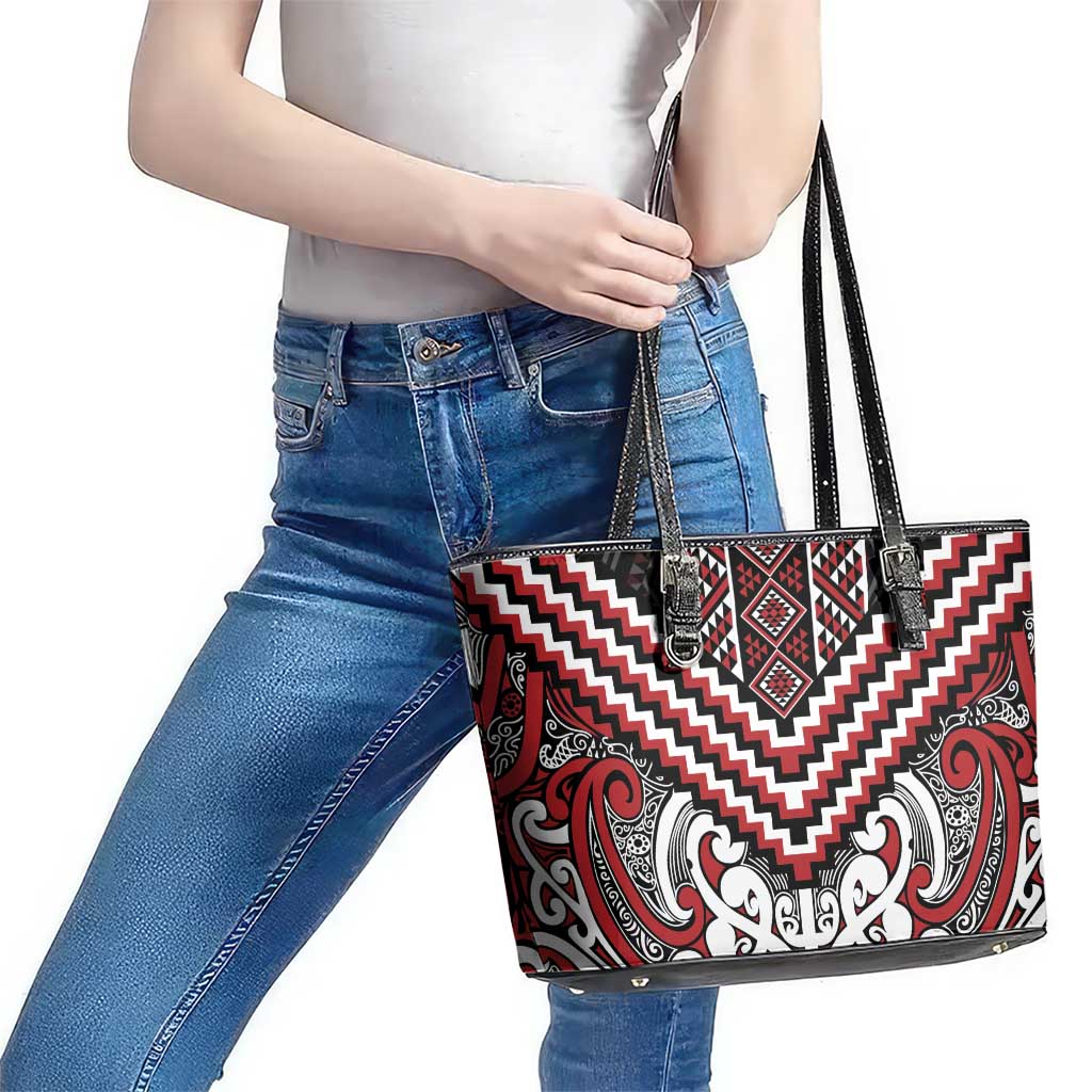 Maori Tukutuku Taniko Motifs Leather Tote Bag Red Poutama Mix Kowhaiwhai LT7 - Polynesian Pride