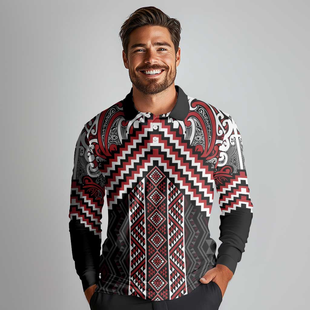 Maori Tukutuku Taniko Motifs Long Sleeve Polo Shirt Red Poutama Mix Kowhaiwhai
