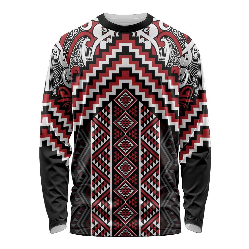 Maori Tukutuku Taniko Motifs Long Sleeve Shirt Red Poutama Mix Kowhaiwhai