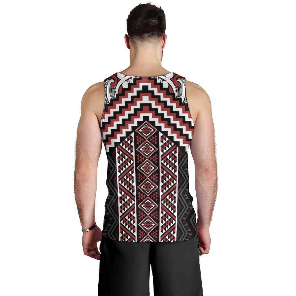 Maori Tukutuku Taniko Motifs Men Tank Top Red Poutama Mix Kowhaiwhai