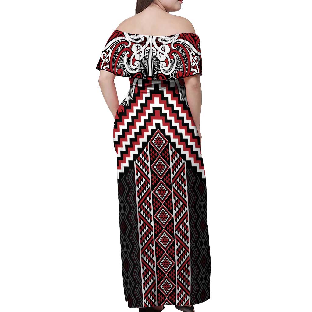 Maori Tukutuku Taniko Motifs Off Shoulder Maxi Dress Red Poutama Mix Kowhaiwhai