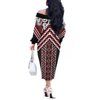 Maori Tukutuku Taniko Motifs Off The Shoulder Long Sleeve Dress Red Poutama Mix Kowhaiwhai