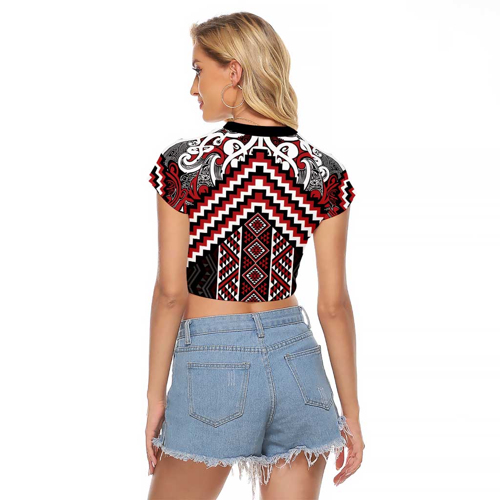 Maori Tukutuku Taniko Motifs Raglan Cropped T Shirt Red Poutama Mix Kowhaiwhai LT7 - Polynesian Pride