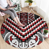 Maori Tukutuku Taniko Motifs Round Carpet Red Poutama Mix Kowhaiwhai