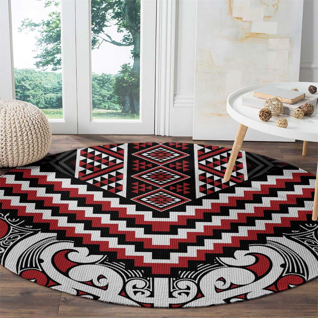 Maori Tukutuku Taniko Motifs Round Carpet Red Poutama Mix Kowhaiwhai
