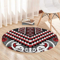 Maori Tukutuku Taniko Motifs Round Carpet Red Poutama Mix Kowhaiwhai