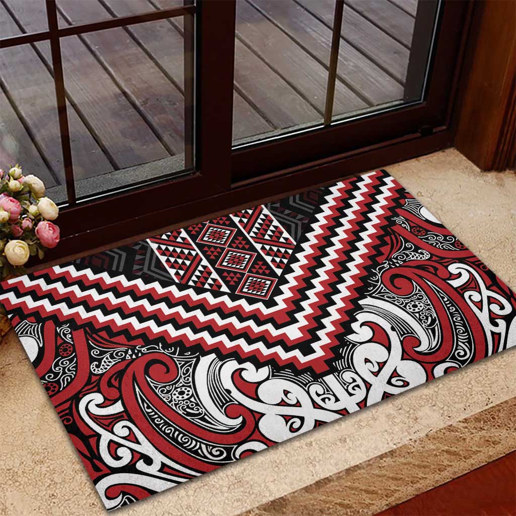 Maori Tukutuku Taniko Motifs Rubber Doormat Red Poutama Mix Kowhaiwhai LT7 - Polynesian Pride