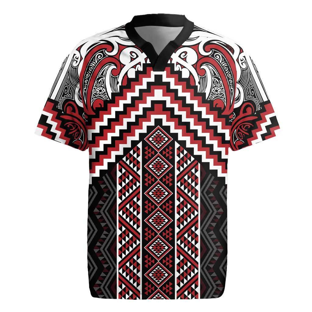 Maori Tukutuku Taniko Motifs Rugby Jersey Red Poutama Mix Kowhaiwhai LT7 Red - Polynesian Pride