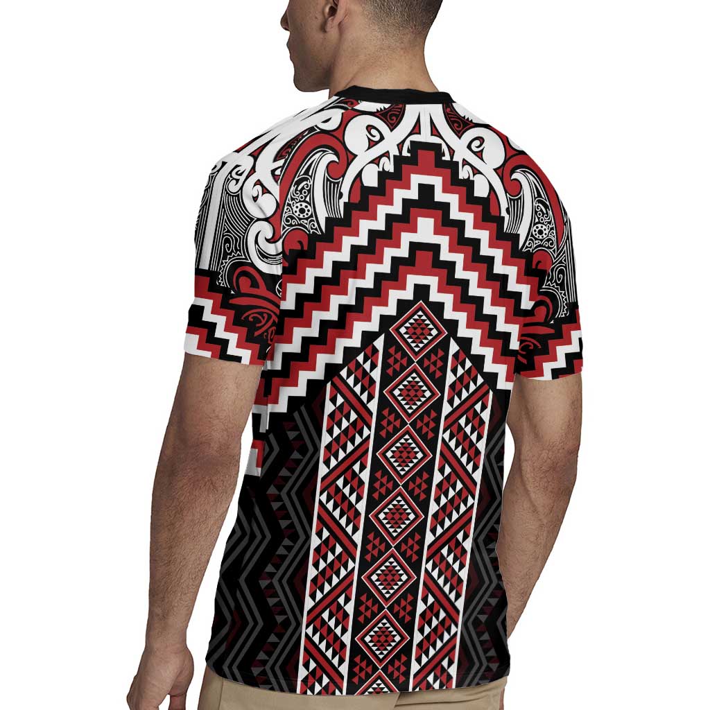 Maori Tukutuku Taniko Motifs Rugby Jersey Red Poutama Mix Kowhaiwhai LT7 - Polynesian Pride
