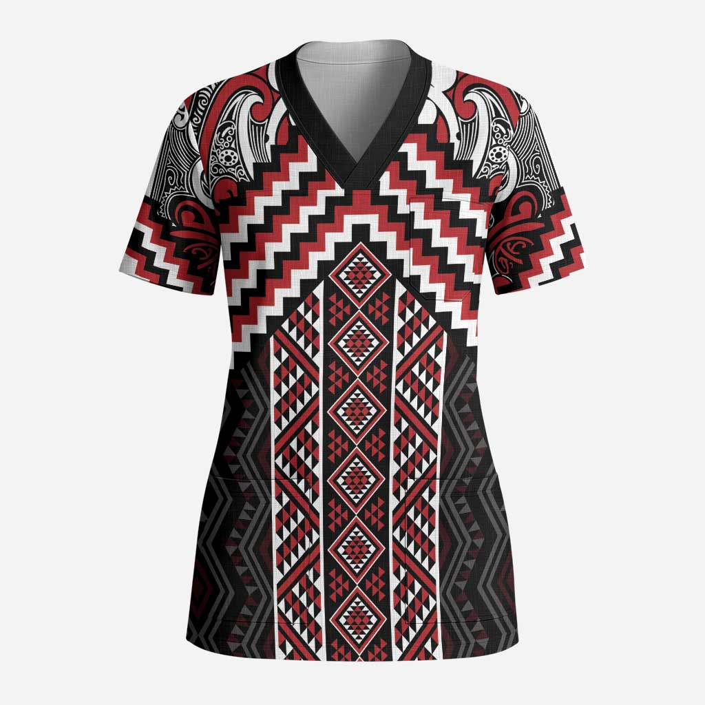 Maori Tukutuku Taniko Motifs Scrub Top Red Poutama Mix Kowhaiwhai - Polynesian Pride
