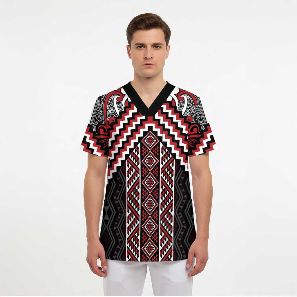 Maori Tukutuku Taniko Motifs Scrub Top Red Poutama Mix Kowhaiwhai - Polynesian Pride