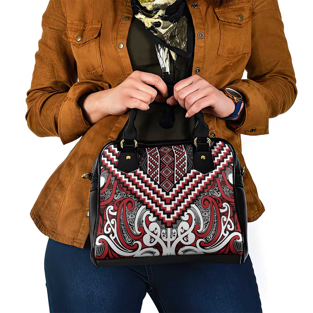 Maori Tukutuku Taniko Motifs Shoulder Handbag Red Poutama Mix Kowhaiwhai