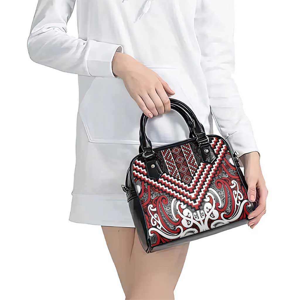 Maori Tukutuku Taniko Motifs Shoulder Handbag Red Poutama Mix Kowhaiwhai