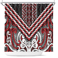 Maori Tukutuku Taniko Motifs Shower Curtain Red Poutama Mix Kowhaiwhai
