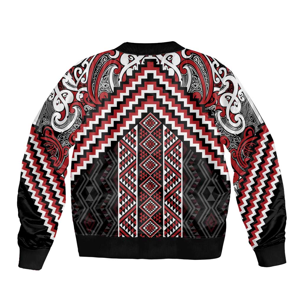 Maori Tukutuku Taniko Motifs Sleeve Zip Bomber Jacket Red Poutama Mix Kowhaiwhai
