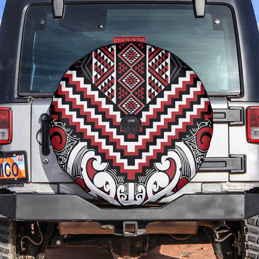 Maori Tukutuku Taniko Motifs Spare Tire Cover Red Poutama Mix Kowhaiwhai