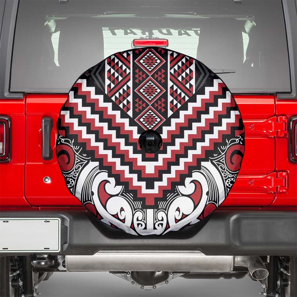 Maori Tukutuku Taniko Motifs Spare Tire Cover Red Poutama Mix Kowhaiwhai