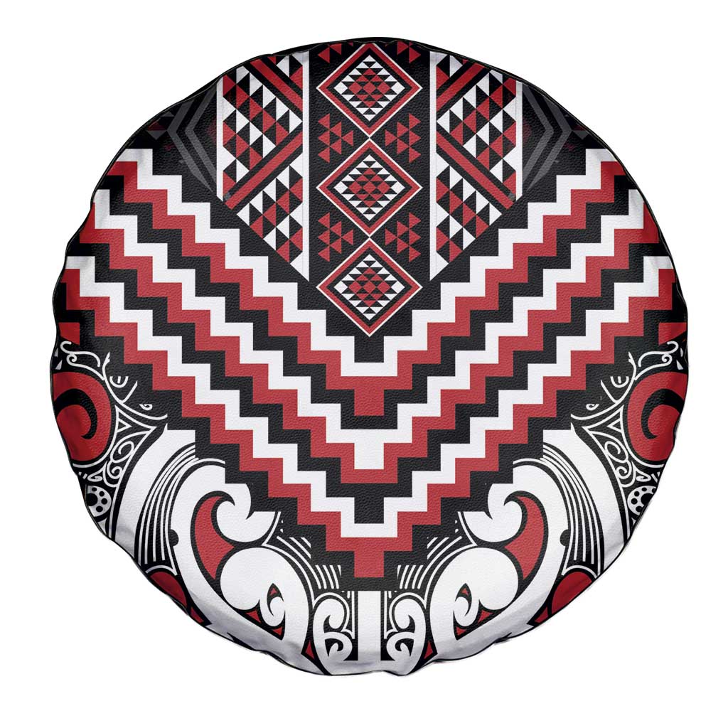 Maori Tukutuku Taniko Motifs Spare Tire Cover Red Poutama Mix Kowhaiwhai