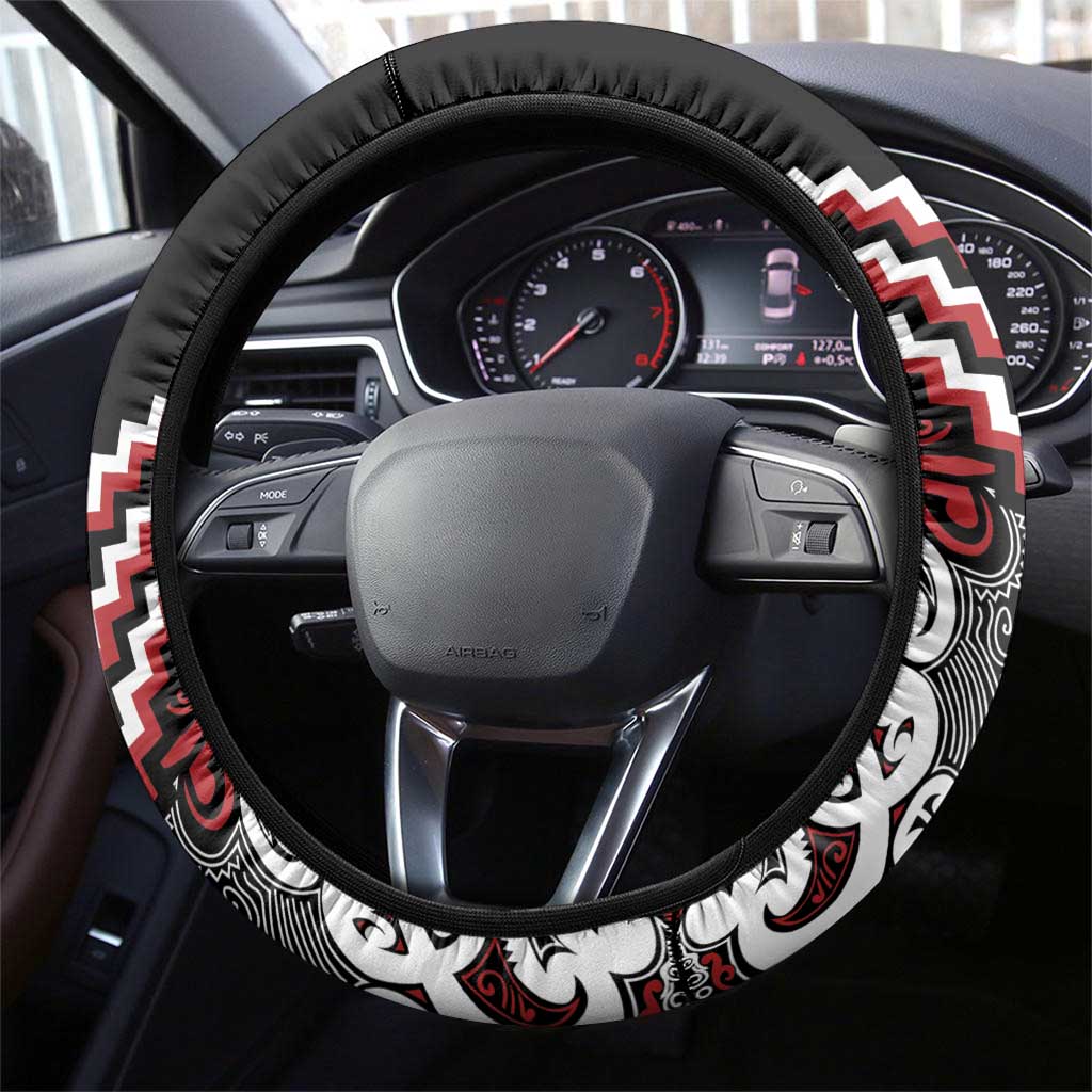 Maori Tukutuku Taniko Motifs Steering Wheel Cover Red Poutama Mix Kowhaiwhai