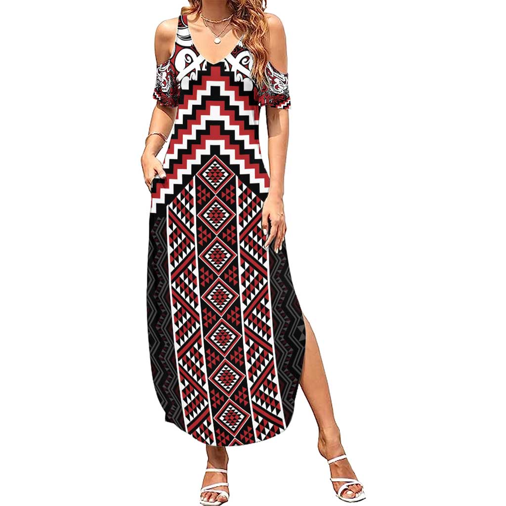 Maori Tukutuku Taniko Motifs Summer Maxi Dress Red Poutama Mix Kowhaiwhai