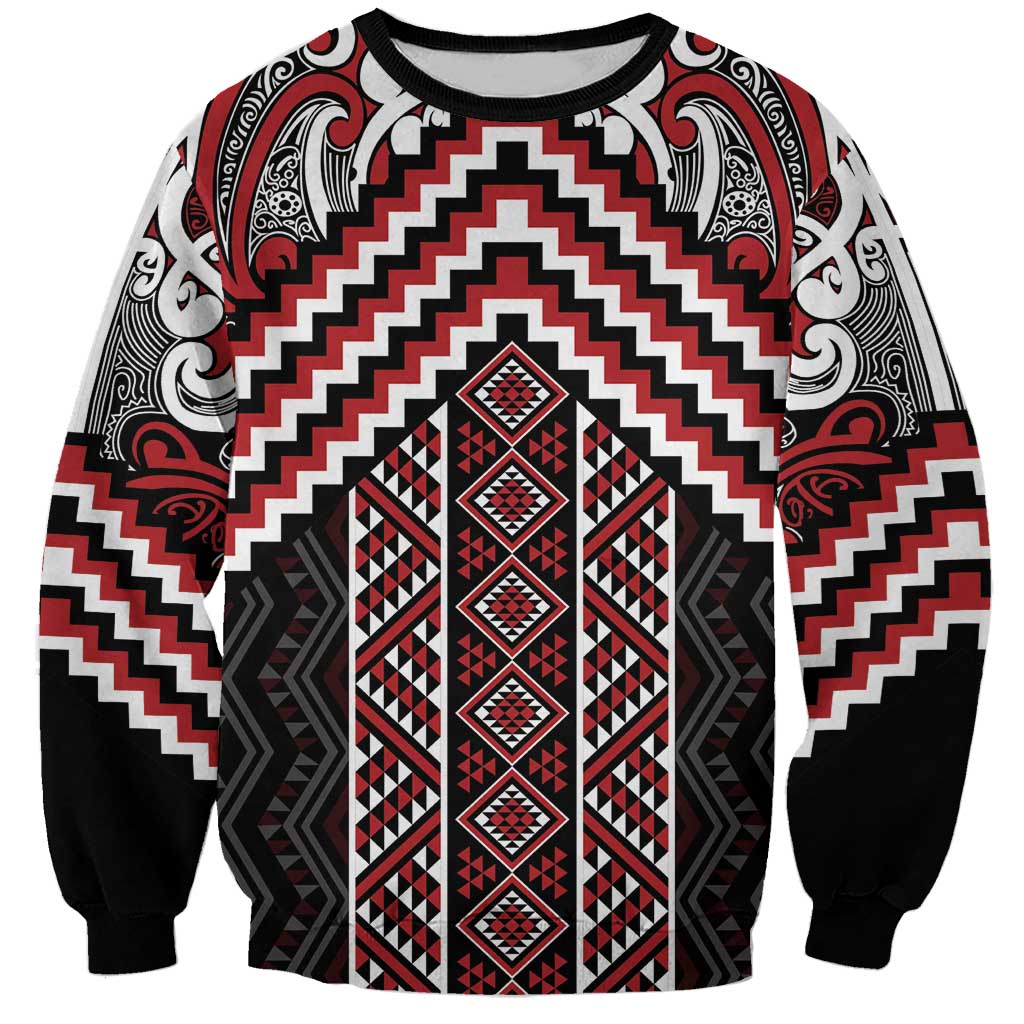 Maori Tukutuku Taniko Motifs Sweatshirt Red Poutama Mix Kowhaiwhai LT7 Unisex Red - Polynesian Pride