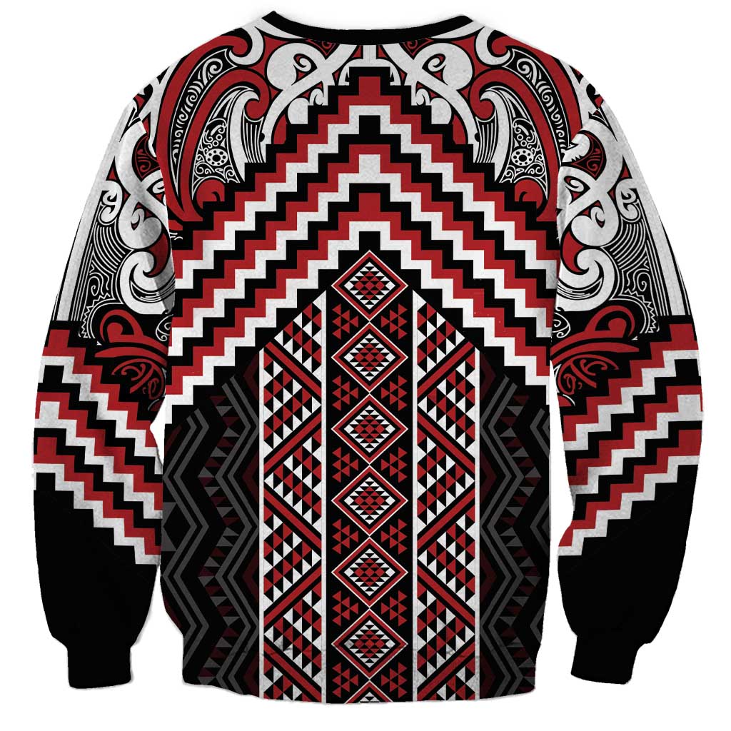 Maori Tukutuku Taniko Motifs Sweatshirt Red Poutama Mix Kowhaiwhai