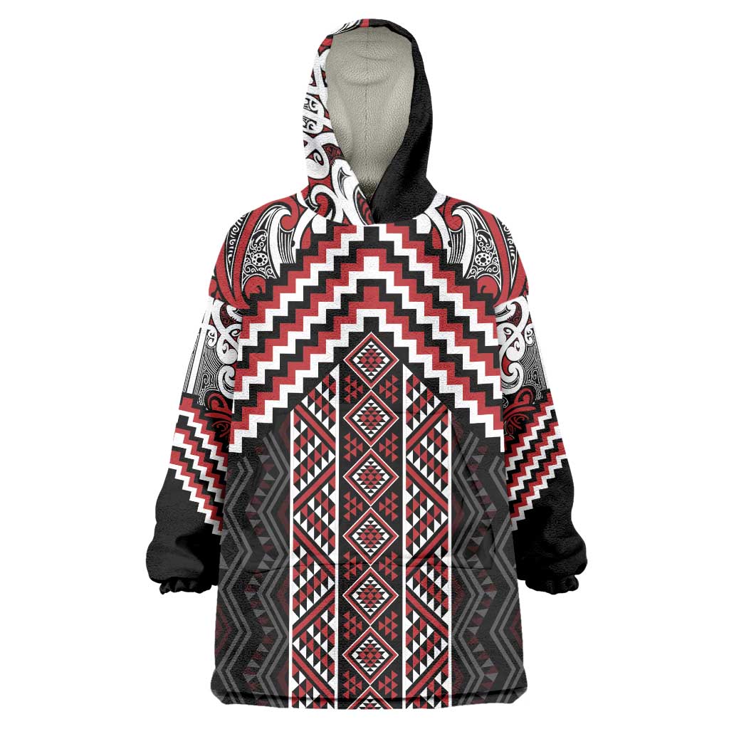 Maori Tukutuku Taniko Motifs Wearable Blanket Hoodie Red Poutama Mix Kowhaiwhai