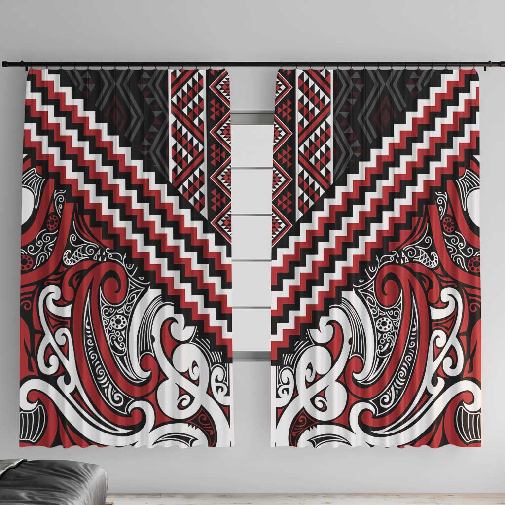 Maori Tukutuku Taniko Motifs Window Curtain Red Poutama Mix Kowhaiwhai