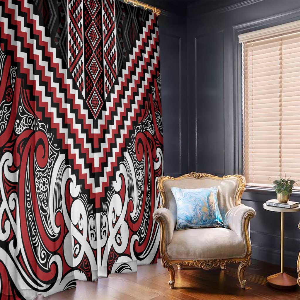 Maori Tukutuku Taniko Motifs Window Curtain Red Poutama Mix Kowhaiwhai