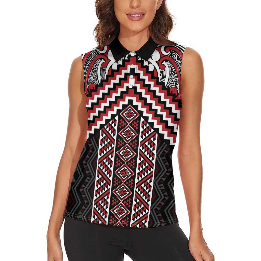 Maori Tukutuku Taniko Motifs Women Sleeveless Polo Shirt Red Poutama Mix Kowhaiwhai