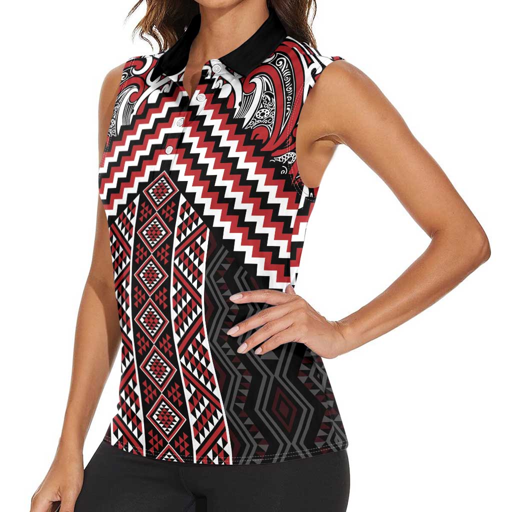 Maori Tukutuku Taniko Motifs Women Sleeveless Polo Shirt Red Poutama Mix Kowhaiwhai