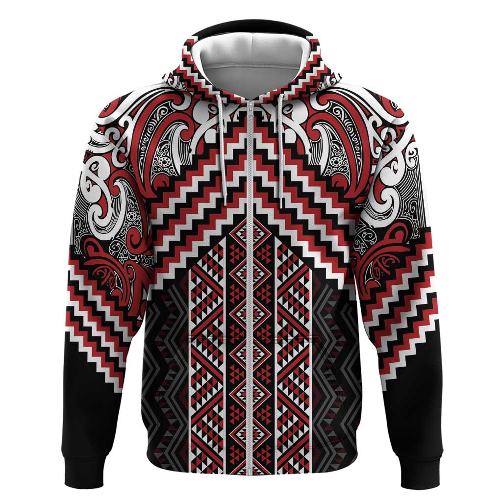 Maori Tukutuku Taniko Motifs Zip Hoodie Red Poutama Mix Kowhaiwhai