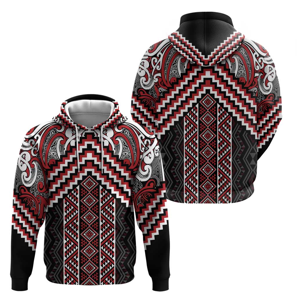 Maori Tukutuku Taniko Motifs Zip Hoodie Red Poutama Mix Kowhaiwhai