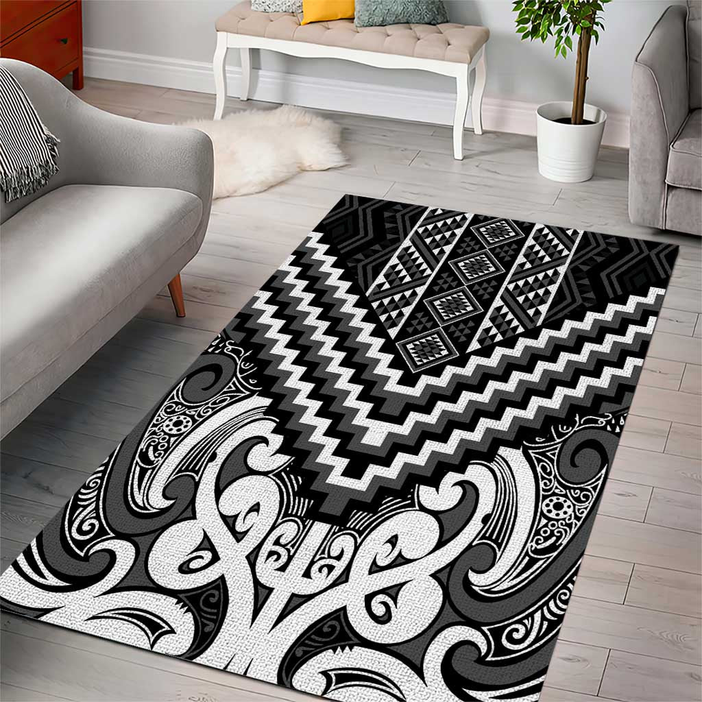 Maori Tukutuku Taniko Motifs Area Rug Black Poutama Mix Kowhaiwhai