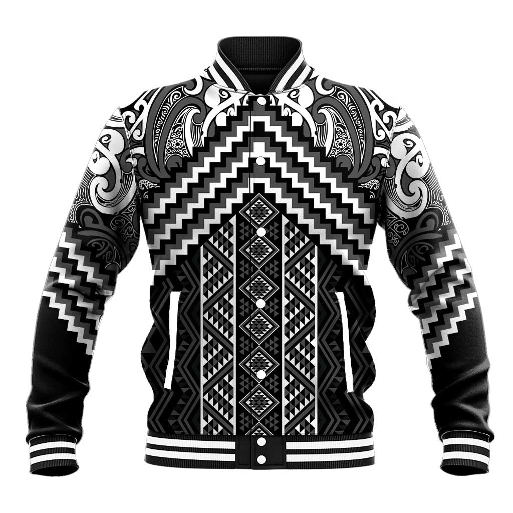 Maori Tukutuku Taniko Motifs Baseball Jacket Black Poutama Mix Kowhaiwhai LT7 Unisex Black - Polynesian Pride
