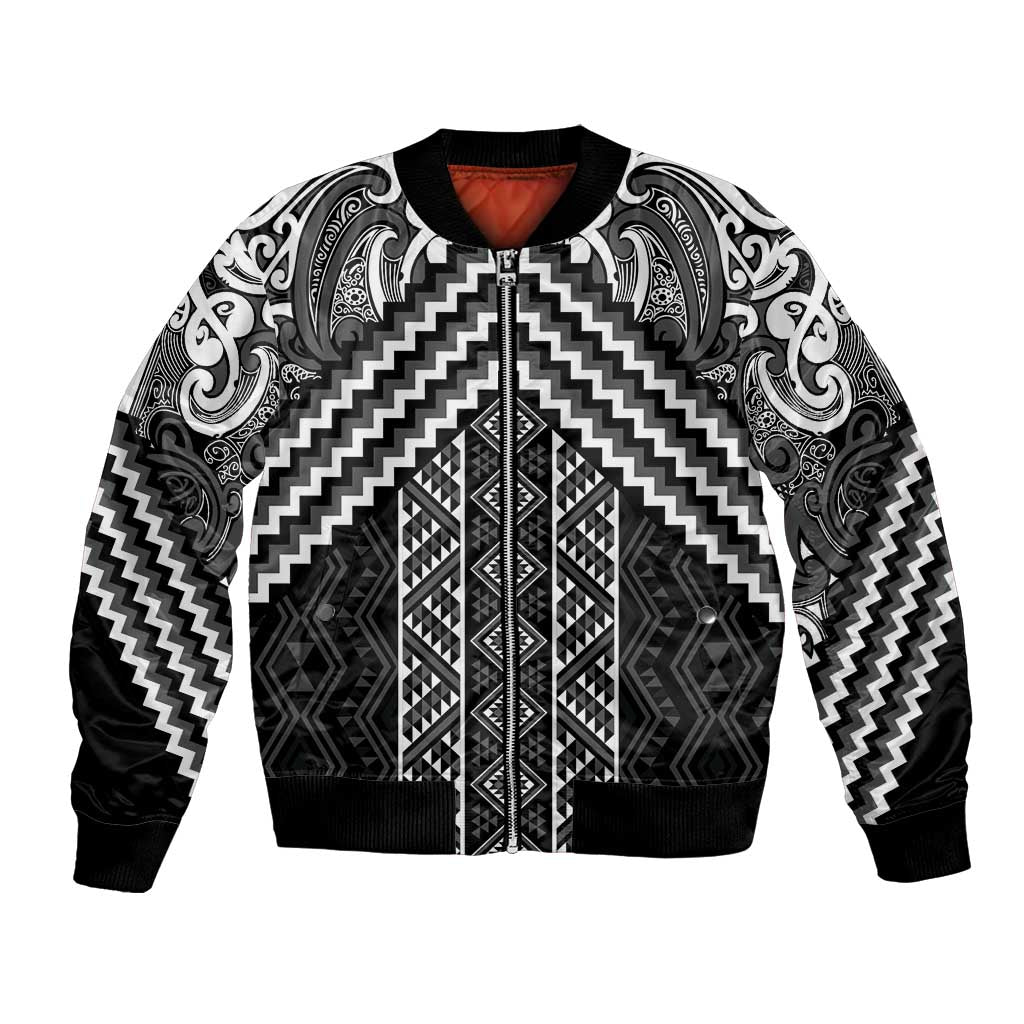 Maori Tukutuku Taniko Motifs Bomber Jacket Black Poutama Mix Kowhaiwhai