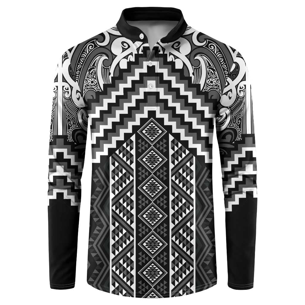 Maori Tukutuku Taniko Motifs Button Sweatshirt Black Poutama Mix Kowhaiwhai LT7 Black - Polynesian Pride