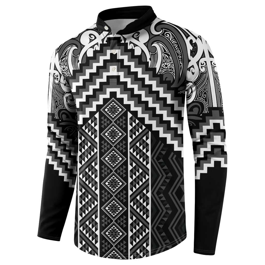 Maori Tukutuku Taniko Motifs Button Sweatshirt Black Poutama Mix Kowhaiwhai