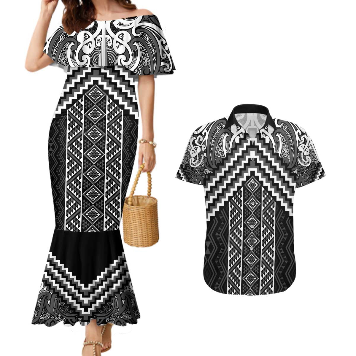 Maori Tukutuku Taniko Motifs Couples Matching Mermaid Dress and Hawaiian Shirt Black Poutama Mix Kowhaiwhai LT7 Black - Polynesian Pride