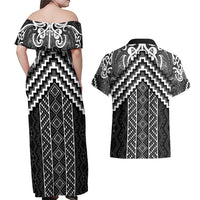 Maori Tukutuku Taniko Motifs Couples Matching Off Shoulder Maxi Dress and Hawaiian Shirt Black Poutama Mix Kowhaiwhai LT7 - Polynesian Pride