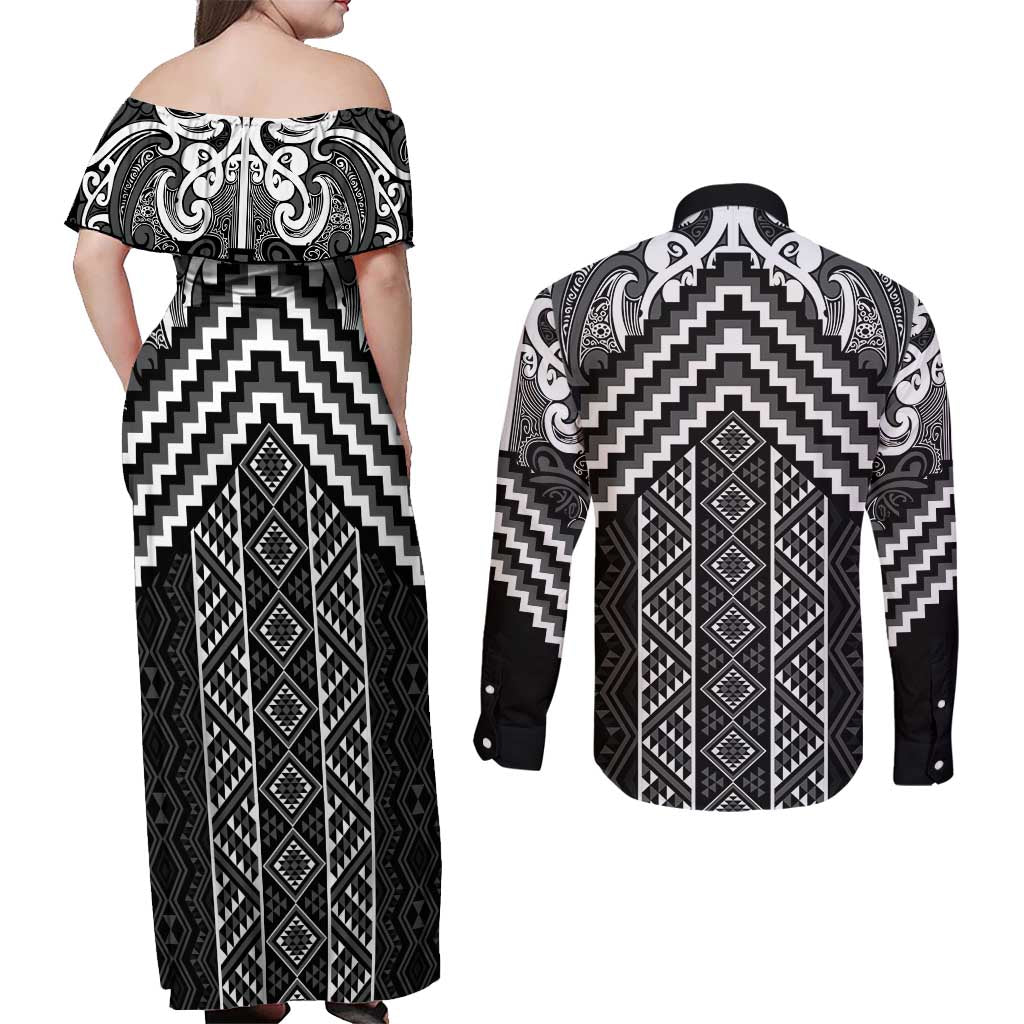 Maori Tukutuku Taniko Motifs Couples Matching Off Shoulder Maxi Dress and Long Sleeve Button Shirt Black Poutama Mix Kowhaiwhai