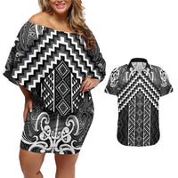 Maori Tukutuku Taniko Motifs Couples Matching Off Shoulder Short Dress and Hawaiian Shirt Black Poutama Mix Kowhaiwhai LT7 Black - Polynesian Pride